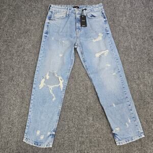 Forever 21 Tapered Jeans Mens 31 Light Wash Blue Distressed Ripped Denim NWT